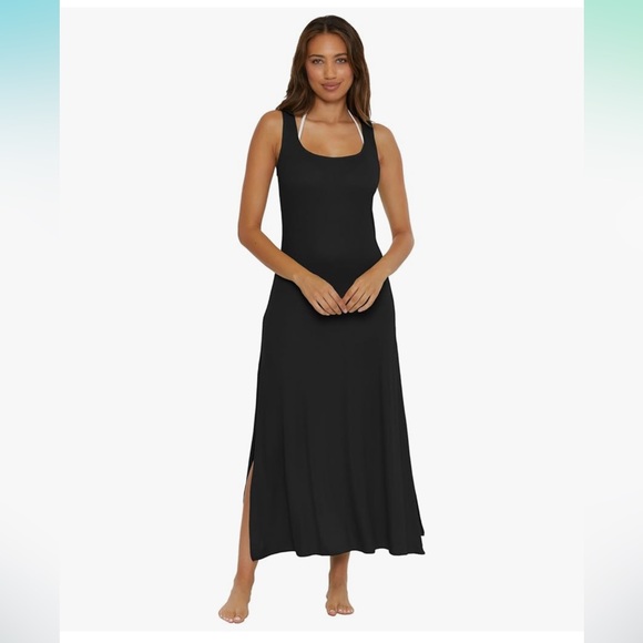 BECCA Mykonos Maxi Dress Black Ribbed Scoop Neck, Beach Cover Ups Women Small - Picture 1 of 4